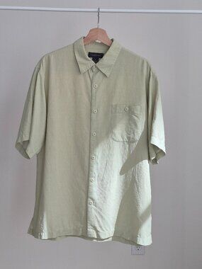 Toscano Men’s L 100% Silk Short Sleeve Shirt Sage Green Textured Button Up